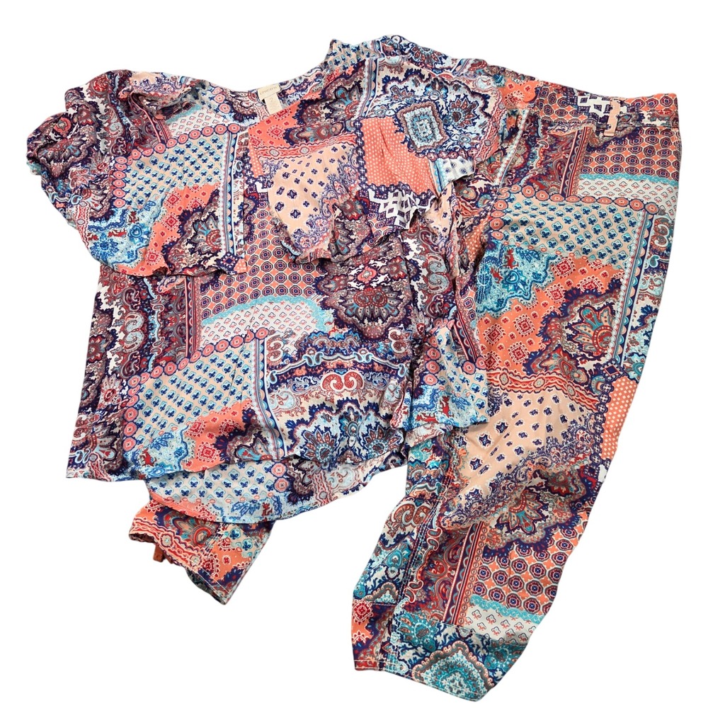 Chicos 2 Piece Set Top & Crop Pants Orange Blue Size 2 Paisley Patchwork Ruffle